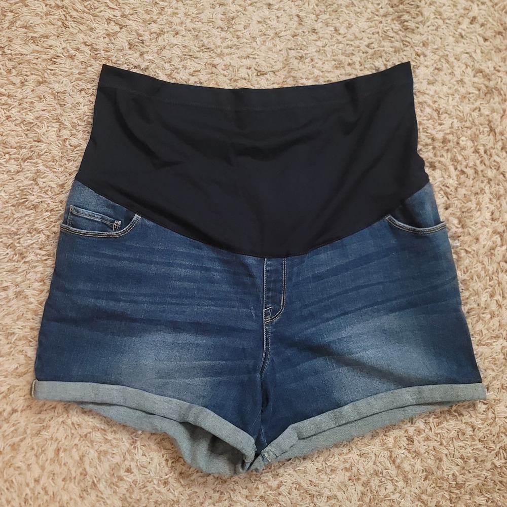 Liz Lange Maternity Denim Shorts Women XXL Blue Full Belly Panel Midi Rolled Hem